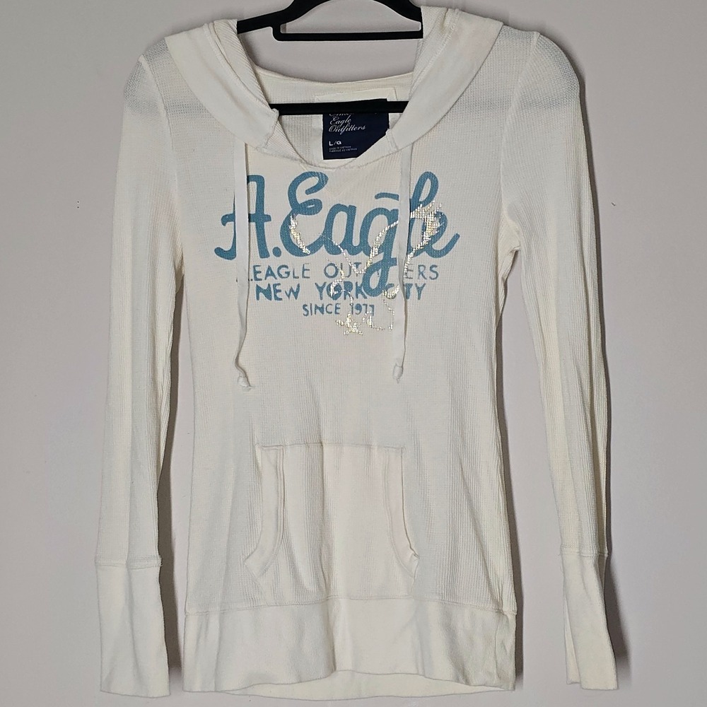 Y2K‎ American Eagle Womens Logo Hoodie L Thermal Henley Long Length Grunge